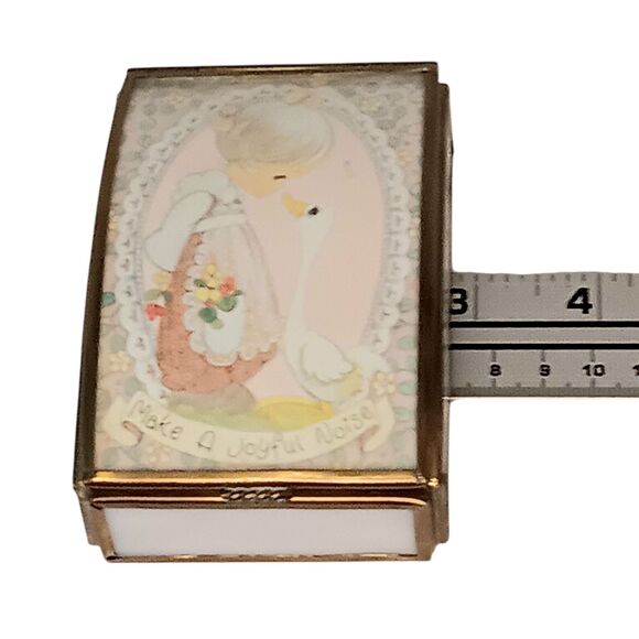 VTG Brass & Pink Slag Glass Trinket Box Cute Girl & Duck Make A Joyful Noise - Picture 15 of 16